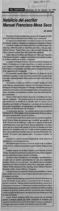 Natalicio del escritor Manuel Francisco Mesa Seco  [artículo] Jamota.