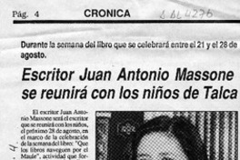 Escritor Juan Antonio Massone se reunirá con los niños de Talca  [artículo].