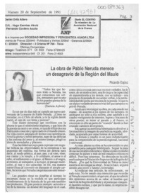 La obra de Pablo Neruda merece un desagravio de la Región del Maule  [artículo] Ricardo Espoz.