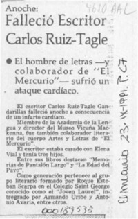 Falleció escritor Carlos Ruiz Tagle  [artículo].