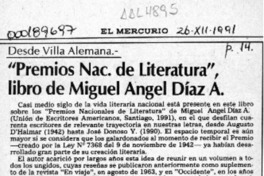 "Premios Nac. de literatura", libro de Miguel Angel Díaz A.  [artículo] Pedro Mardones Barrientos.
