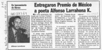 Entregaron Premio de México a poeta Alfonso Larrahona K.  [artículo].