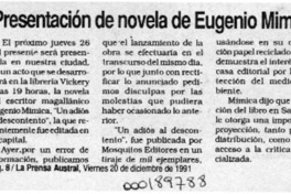 Presentación de novela de Eugenio Mimica  [artículo].