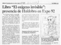 Libro "El oxígeno invisible", presencia de Huidobro en Expo 92  [artículo].