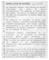 Neruda vivirá en Traiguén  [artículo] H. G.