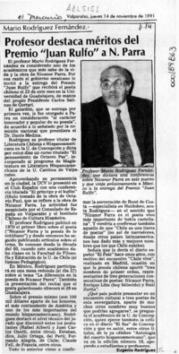Profesor destaca méritos del Premio "Juan Rulfo" a N. Parra  [artículo] Eugenio Rodríguez.