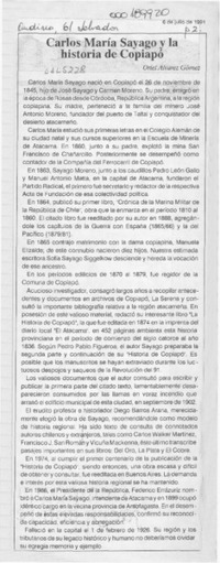 Carlos María Sayago y la historia de Copiapó  [artículo] Oriel Alvarez Gómez.