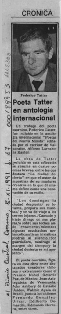 Poeta Tatter en antología internacional  [artículo].