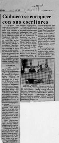 Coihueco se enriquece con sus escritores  [artículo] Juan Araya de la F.