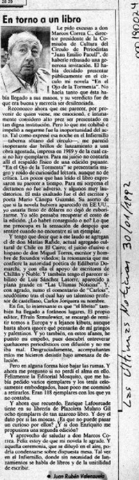 En torno a un libro  [artículo] Juan Rubén Valenzuela.
