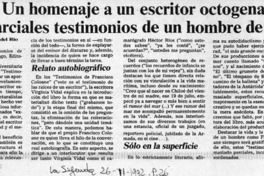 Un homenaje a un escritor octogenario, parciales testimonios de un hombre de mar  [artículo] Eduardo Guerrero del Río.