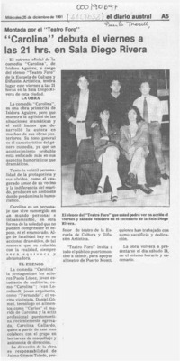 "Carolina" debuta el viernes a las 21 hrs. en Sala Diego Rivera  [artículo].