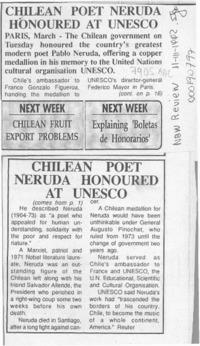 Chilean Poet Neruda honoured at Unesco  [artículo].