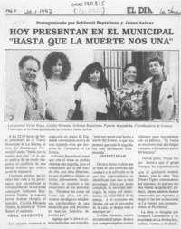 Hoy presentan en el Municipal "Hasta que la muerte nos una"  [artículo].