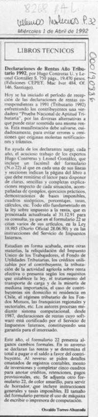 Declaraciones de rentas año tributario 1992  [artículo]Osvaldo Torres-Ahumada.