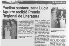 Poetisa santacruzana Lucía Aguirre recibió premio regional de literatura  [artículo] José M. Catalán Martínez.