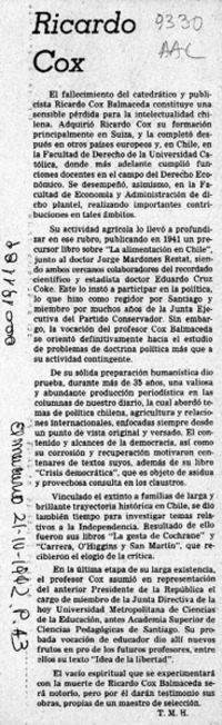 Ricardo Cox  [artículo] T. M. H.