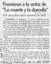 Premiaron a la actriz de "La muerte y la doncella"  [artículo].