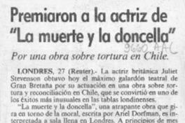Premiaron a la actriz de "La muerte y la doncella"  [artículo].