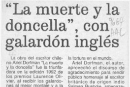 "La Muerte y la doncella", con galardón inglés  [artículo].