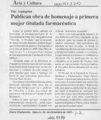 Publican obra de homenaje a primera mujer titulada farmacéutica  [artículo].