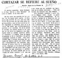 Cortázar se refiere al sueño  [artículo] Darío de la Fuente D.