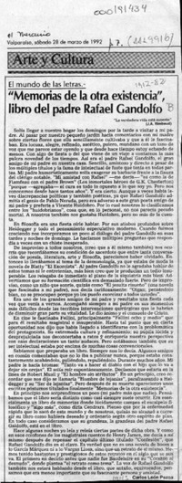 "Memorias de la otra existencia", libro del padre Rafael Gandolfo  [artículo] Carlos León Pezoa.