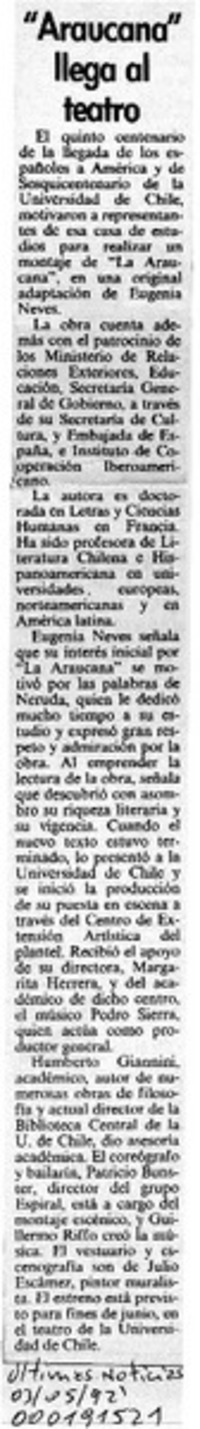 "Araucana" llega al teatro  [artículo].