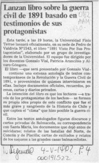 Lanzan libro sobre la guerra civil de 1891 basado en testimonios de sus protagonistas  [artículo].