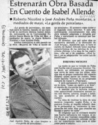 Estrenarán obra basada en cuento de Isabel Allende  [artículo].