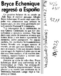 Bryce Echenique regresó a España  [artículo].