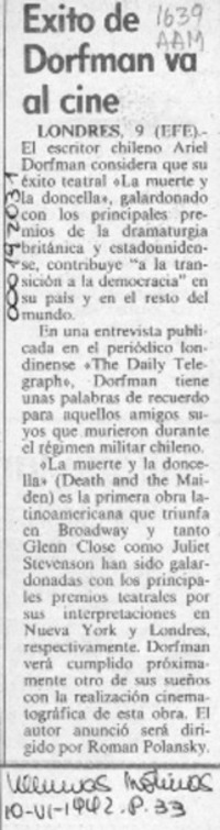 Exito de Dorfman va al cine  [artículo].