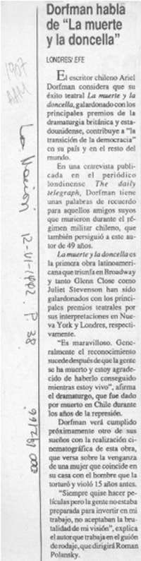 Dorfman habla de "La muerte y la doncella"  [artículo].