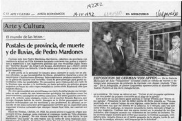 Postales de provincia, de muerte y de lluvias, de Pedro Mardones  [artículo] Carlos León Pezoa.
