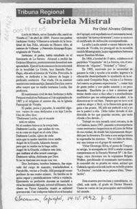 Gabriela Mistral  [artículo] Oriel Alvarez Gómez.