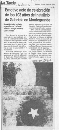 Emotivo acto de celebración de los 103 años del natalicio de Gabriela en Montegrande  [artículo].
