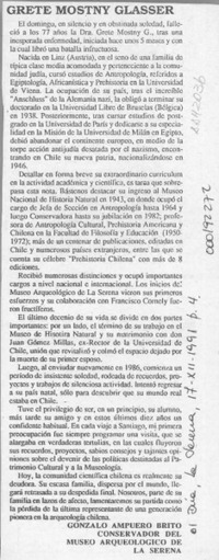 Grete Mostny Glasser  [artículo] Gonzalo Ampuero Brito.