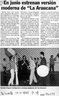 En junio estrenan versión moderna de "La Araucana"  [artículo].