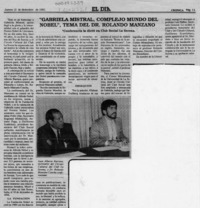 "Gabriela Mistral, complejo mundo del Nobel", tema del Dr. Rolando Manzano  [artículo].