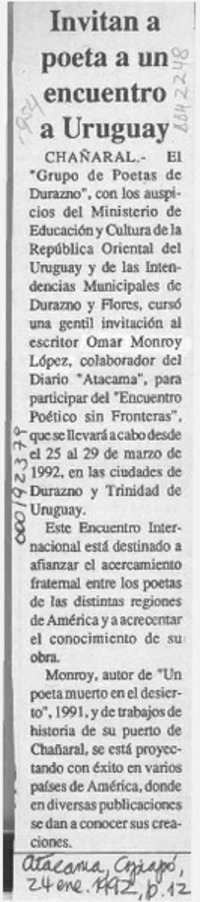 Invitan a poeta a un encuentro a Uruguay  [artículo].