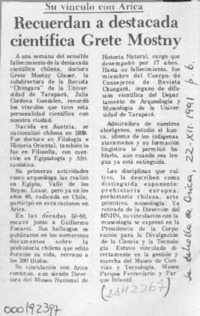 Recuerdan a destacada científica Grete Mostny  [artículo].