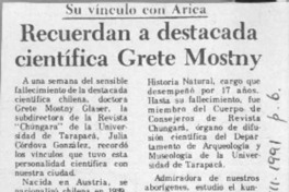 Recuerdan a destacada científica Grete Mostny  [artículo].