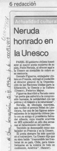 Neruda honrado en la Unesco  [artículo].