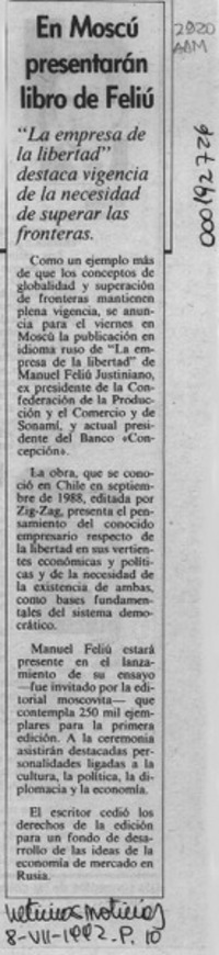 En Moscú presentarán libro de Feliú  [artículo].
