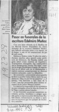 Pesar en funerales de la escritora Edelmira Muñoz  [artículo].