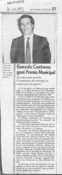 Gonzalo Contreras ganó Premio Municipal  [artículo].