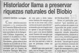 Historiador llama a preservar riquezas naturales del Biobío  [artículo] Leonardo Barriga.
