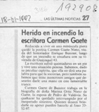 Herida en incendio la escritora Carmen Gaete  [artículo].