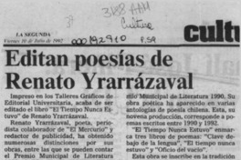Editan poesías de Renato Yrarrázaval  [artículo].