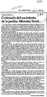 Centenario del nacimiento de la poetisa Alfonsina Storni  [artículo] Alfonso Larrahona Kästen.